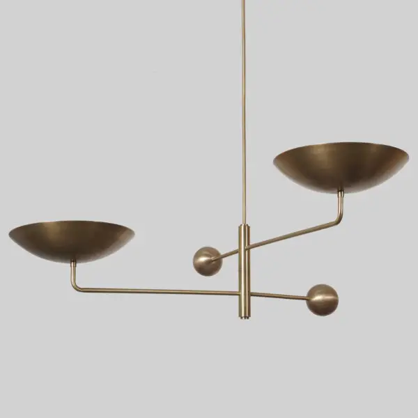 Two Curved Disk Shade Brass Chandelier Fixture