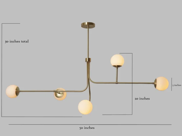 Five Globe Brass Sputnik Linear Chandelier Light Fixture - Image 3