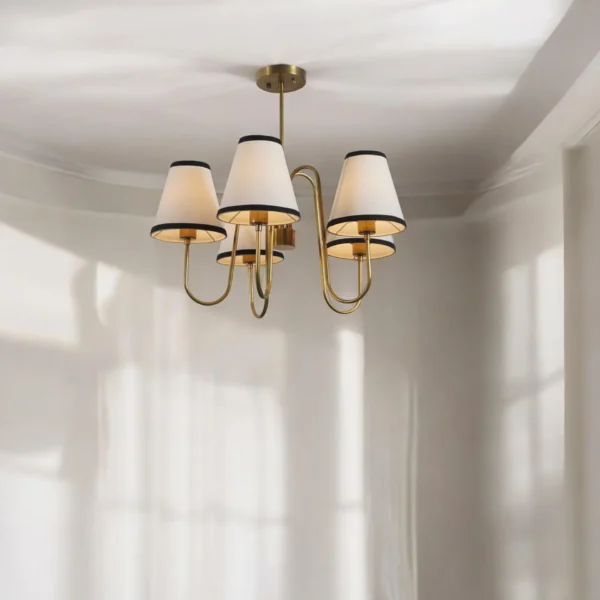 Five Linen Shade Light Brass Chandelier Fixture - Image 3