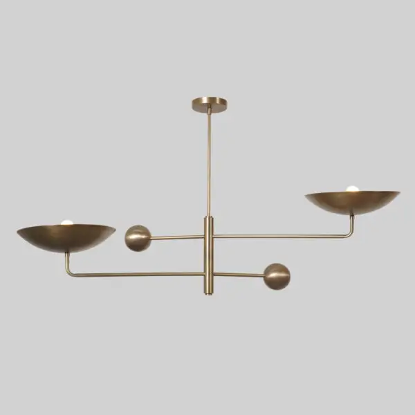 Two Curved Disk Shade Brass Chandelier Fixture - Image 4