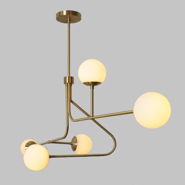 Five Globe Brass Sputnik Linear Chandelier Light Fixture - Image 2