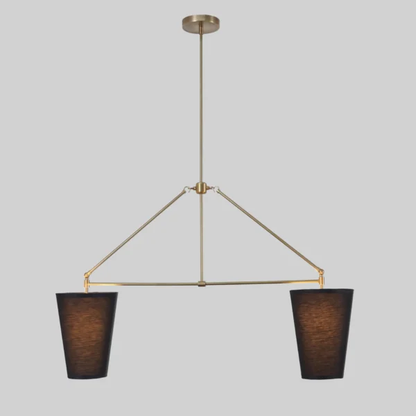 Two Light Linen Shade Brass Pendant Ceiling Light Fixture - Image 3