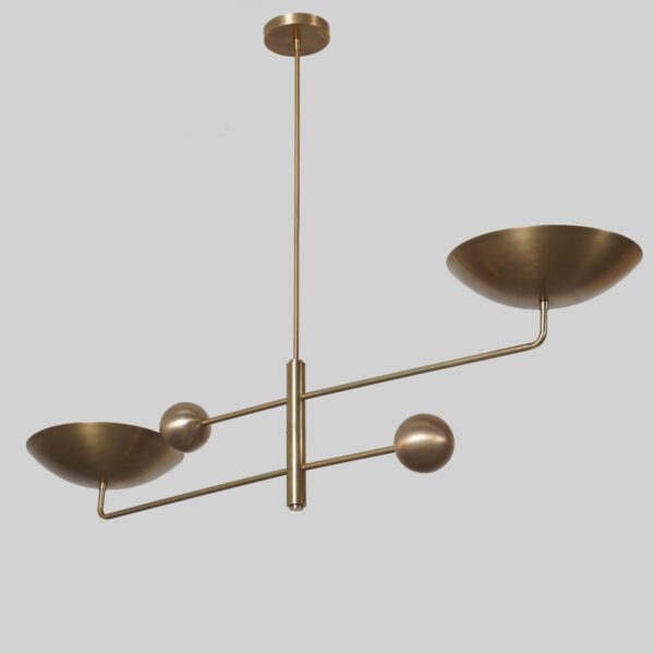 Two Curved Disk Shade Brass Chandelier Fixture - Image 2