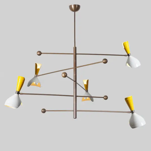 Five Shade Light Stilnovo Brass Chandelier Fixture
