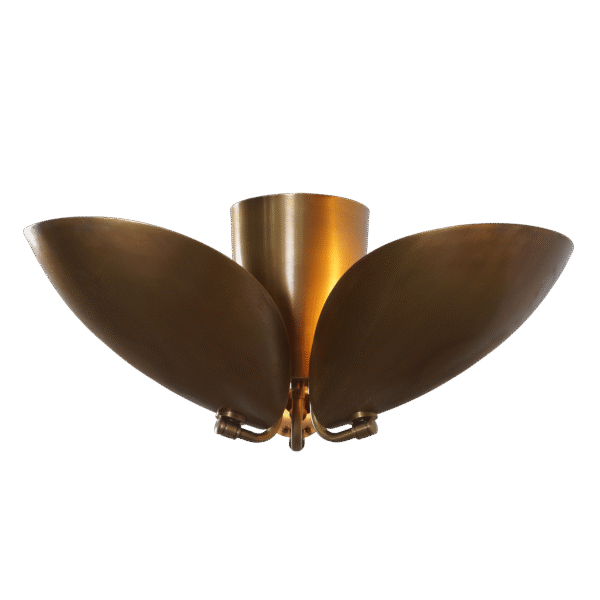 Three Light Shade Turtle Flush Mount Brass Ceiling Fixture