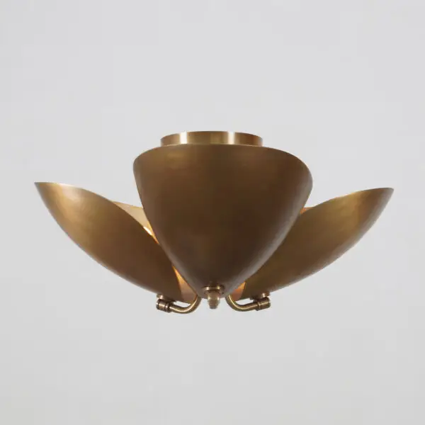 Three Light Shade Turtle Flush Mount Brass Ceiling Fixture - Image 3