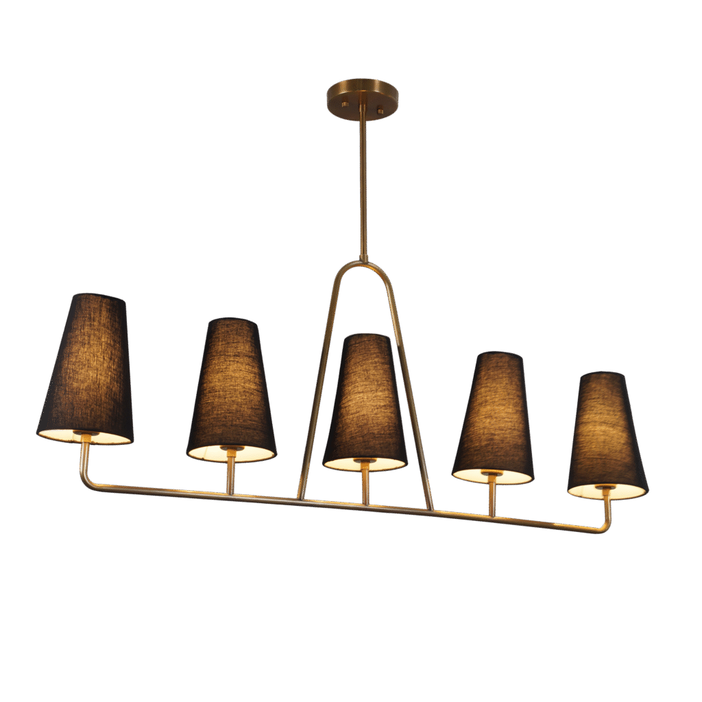 Five Linen Shade Linear Light Brass Chandelier Fixture