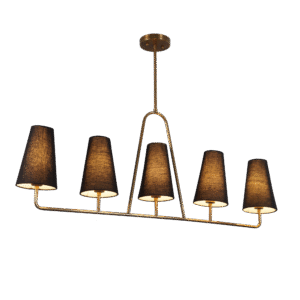 Five Linen Shade Linear Light Brass Chandelier Fixture