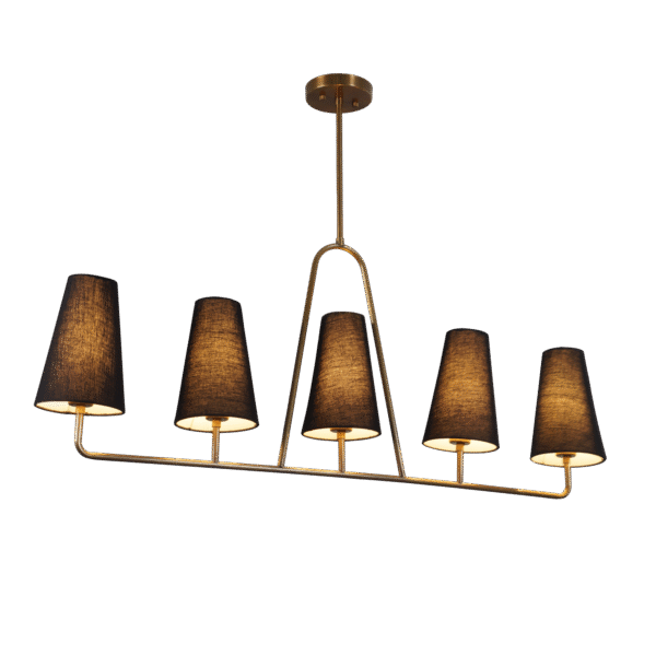 Five Linen Shade Linear Light Brass Chandelier Fixture