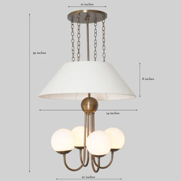 Four Globe Linen Shade Light Brass Pendant Light Fixture - Image 3