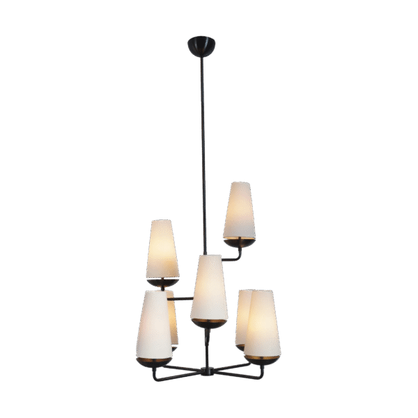 Seven Linen Shade Linear Light Brass Chandelier Fixture