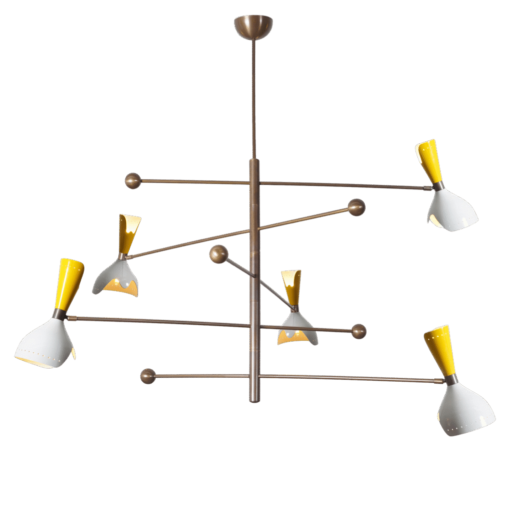 Five Shade Light Stilnovo Brass Chandelier Fixture