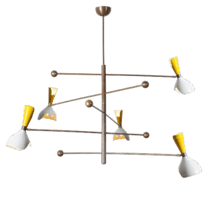 Five Shade Light Stilnovo Brass Chandelier Fixture