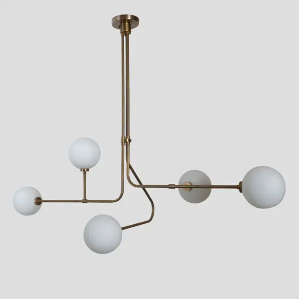 Five Globe Brass Sputnik Linear Chandelier Light Fixture - Image 2