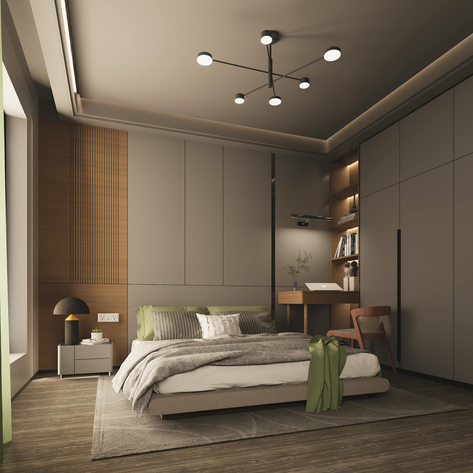 Cozy modern bedroom with minimalist decor and soft lighting.