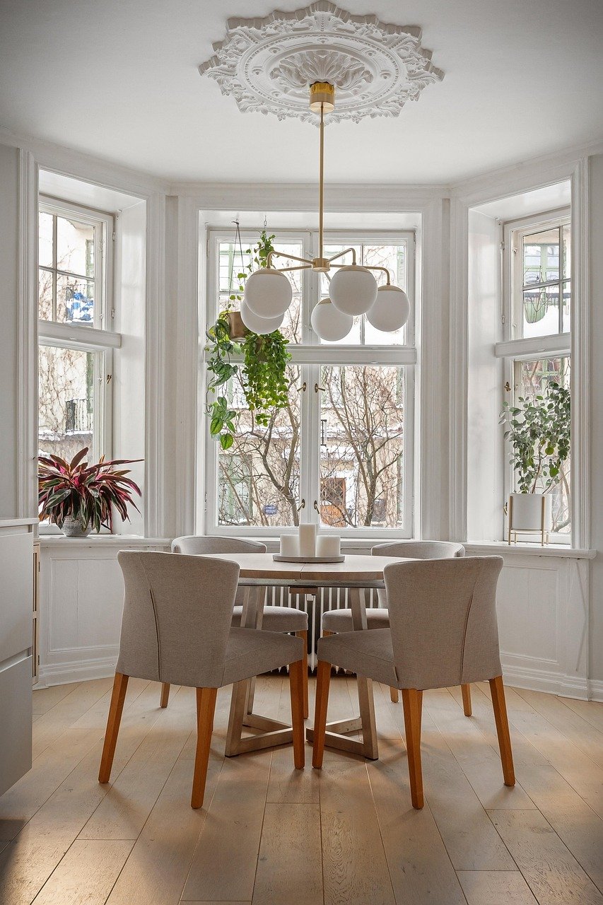 house, interior, real estate, dining room, table, chairs, luxury, floor, wooden, decor, windows, art, hallway, lamps, home