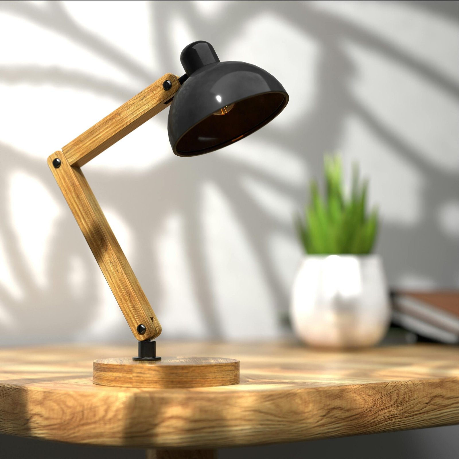A modern wooden desk lamp on an oak table with a blurred background plant. Perfect for office decor.