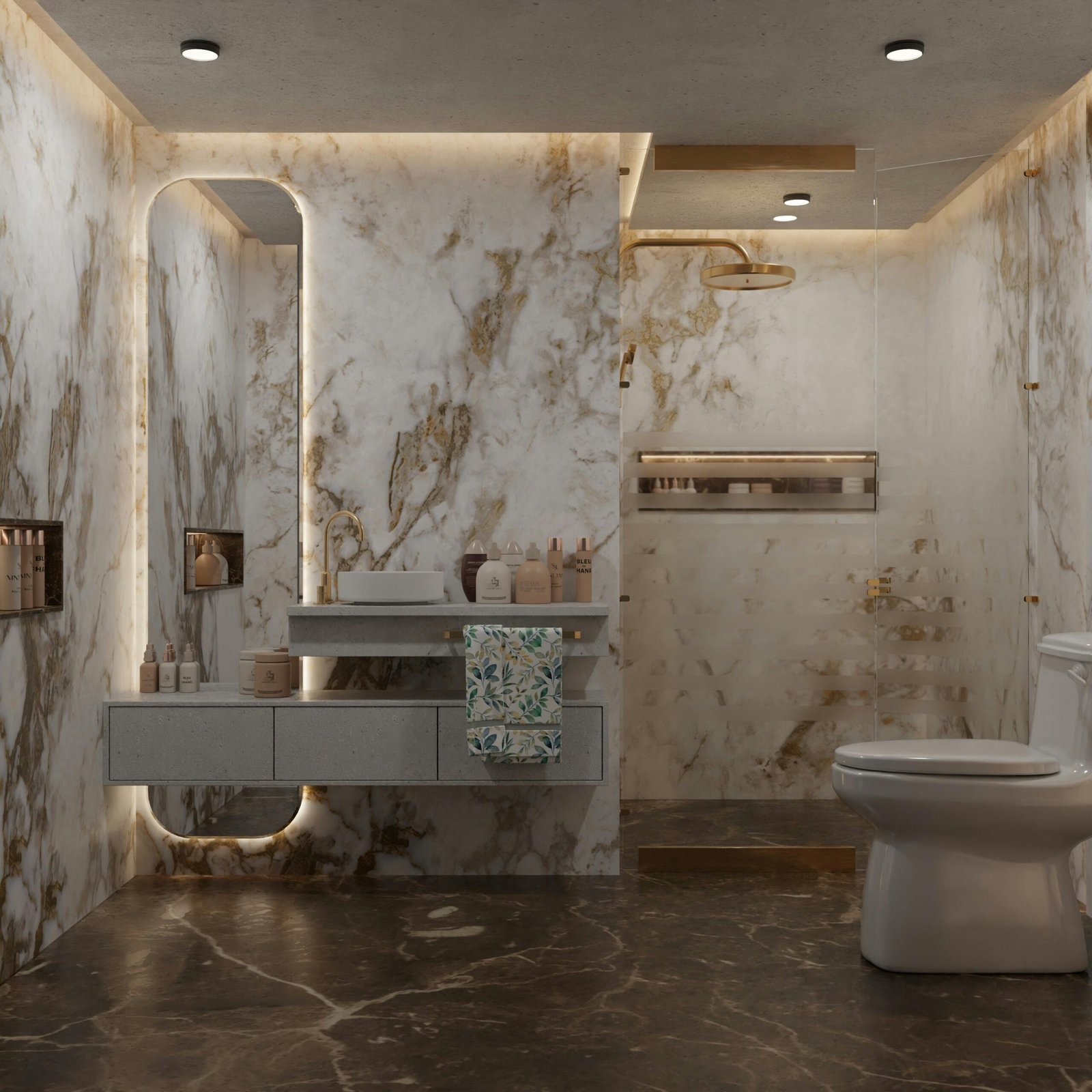 A luxurious bathroom interior with marble walls, modern fixtures, and elegant lighting.