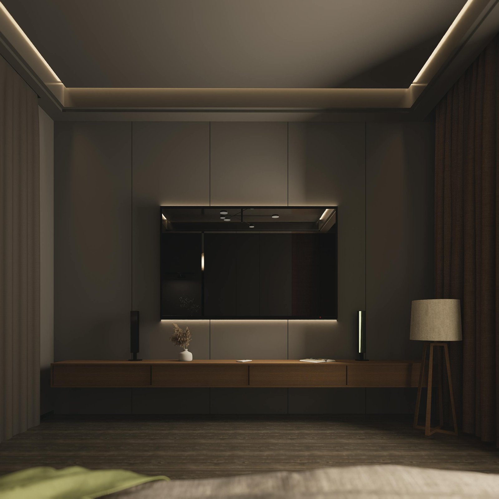 A sleek modern living room with a minimalist TV unit and ambient lighting.