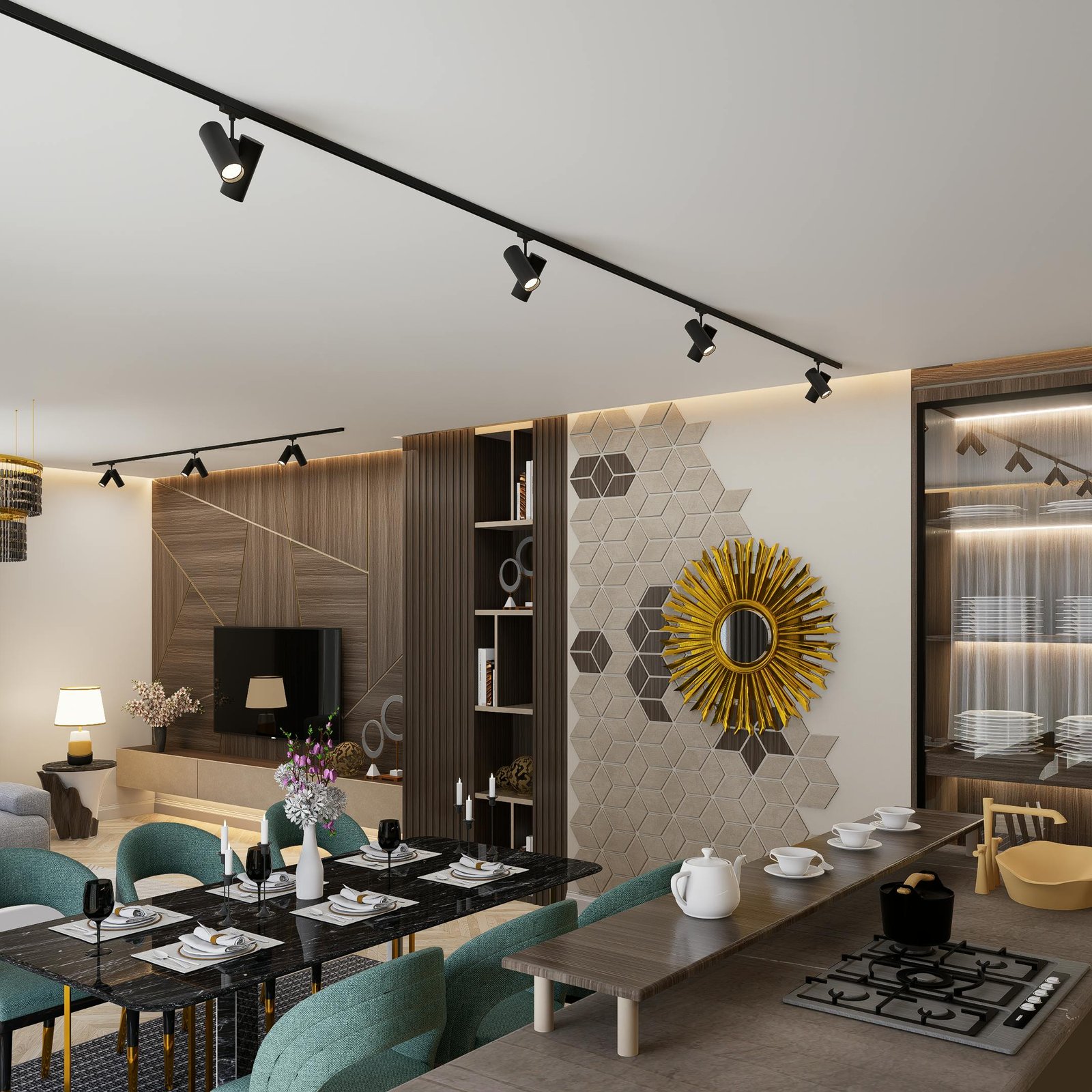 Spacious open-plan living and dining area with elegant modern design and stylish furniture.