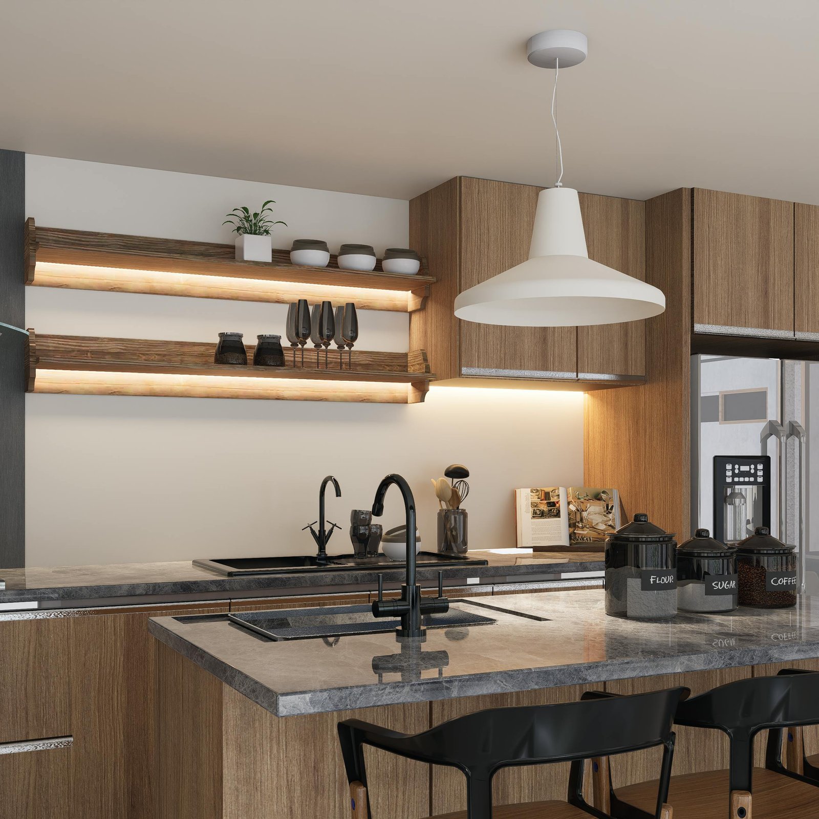 Sleek kitchen design featuring wooden cabinets, open shelves, and stylish lighting.